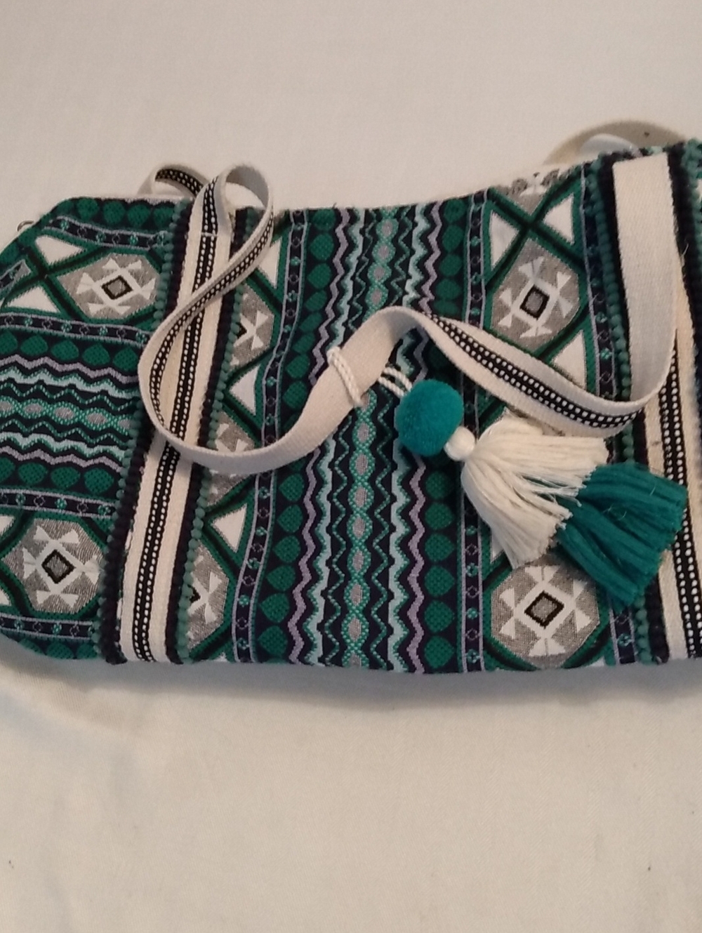 Boho Teal Patterned Crossbody Bag with Tassel